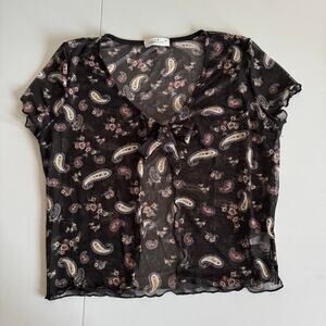 Rebellious Dreamer Paisley Floral Mesh Tie-Front Y2K Romantic Goth Chic Black XL